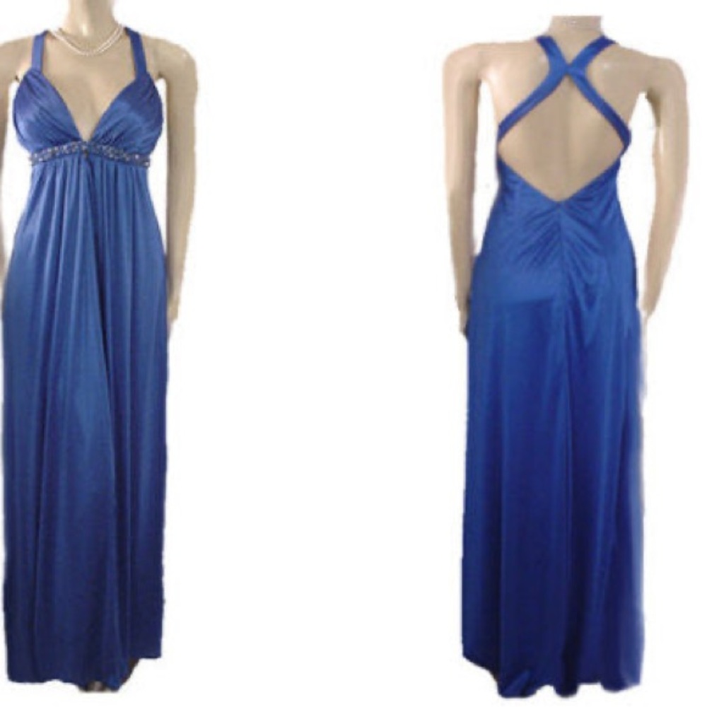 NWT Xscape Blue Ruched Backless Halter Beaded Gem Empire Waist Formal Gown 14